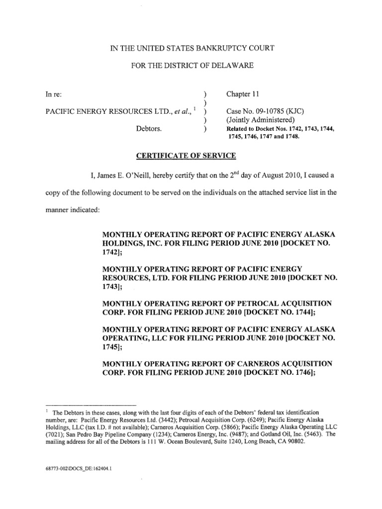 Related To Docket Nos. 1742, 1743, 1744, 1745, 1746, 1747 and 1748 ...
