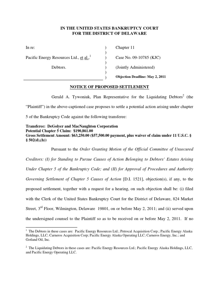 Proposed Settlement in Bankruptcy Case | PDF