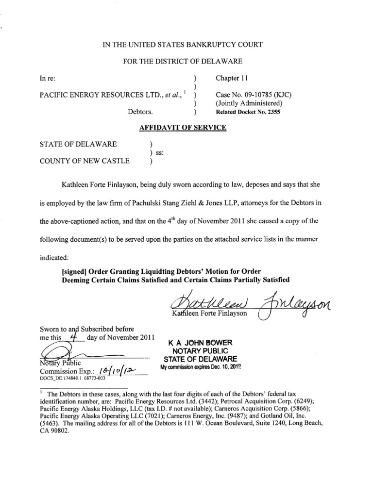 Affidavit of Service K A John Bower Notary Public State of Delaware