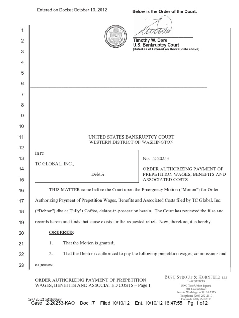 Below Is The Order of The Court.: Entered On Docket October 10, 2012 ...