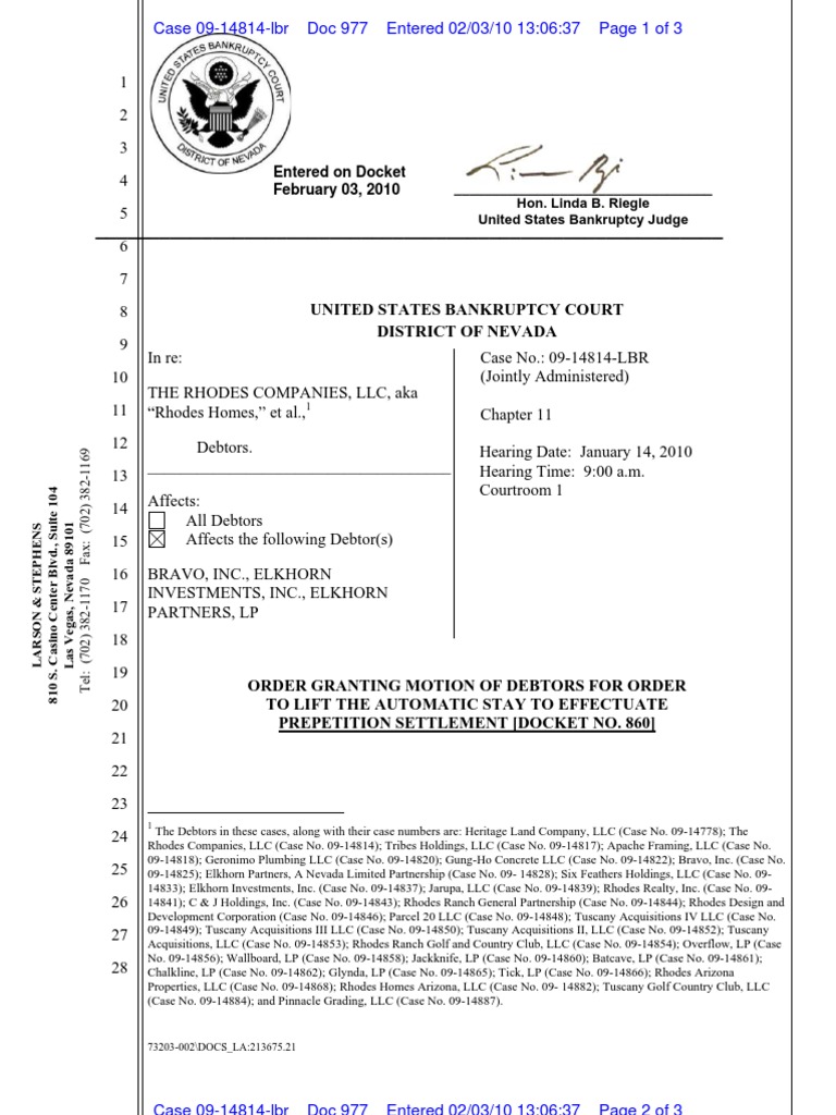 United States Bankruptcy Court District of Nevada Entered On Docket