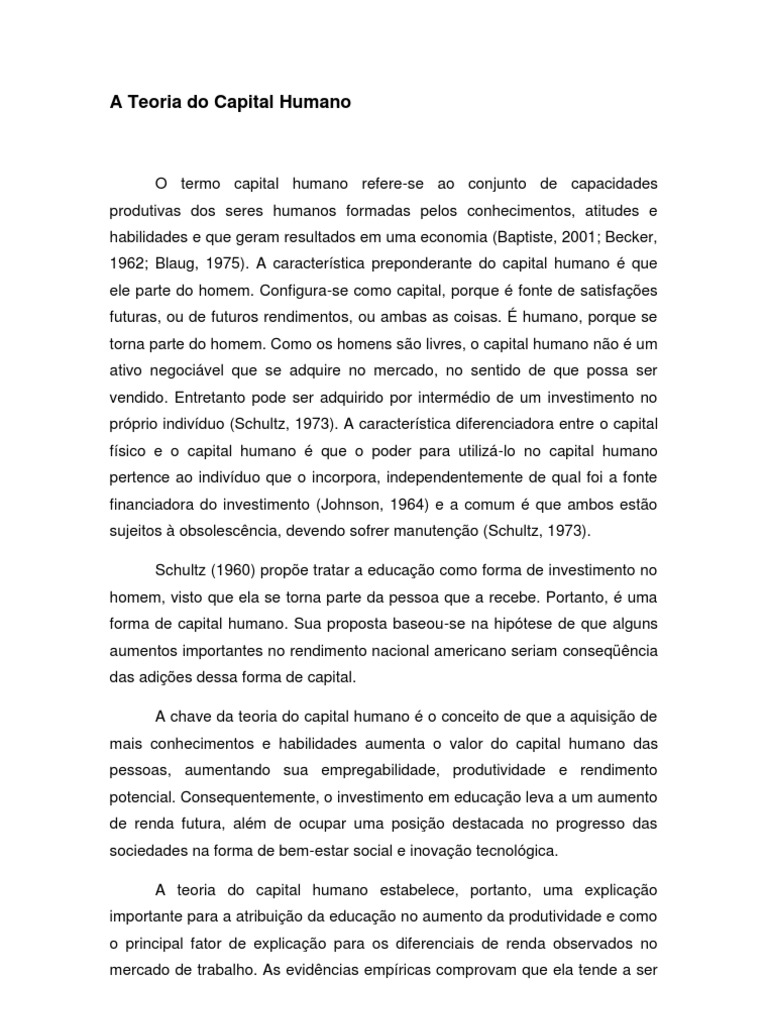 A Teoria Do Capital Humano Pdf Capital Humano Capital Economia