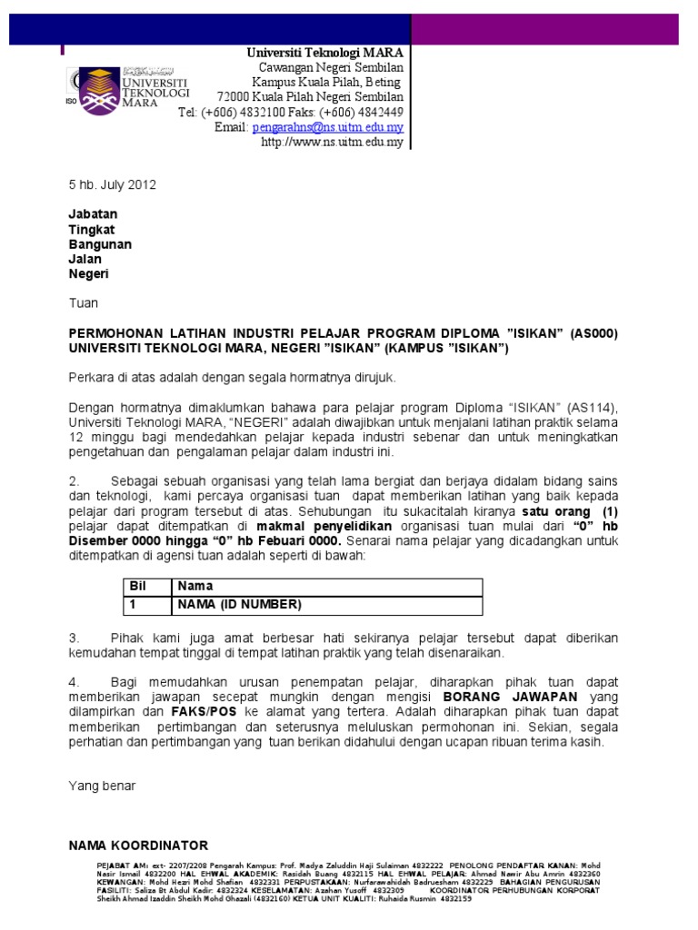 Contoh Surat Permohonan Praktikal Uitm Negeri Sembilan Lain Lain Negeri