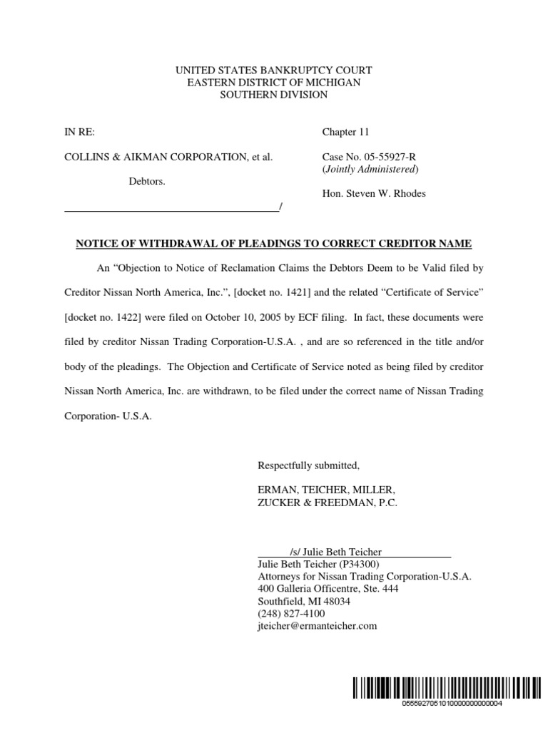 Notice of Withdrawal of Pleadings To Correct Creditor Name | PDF