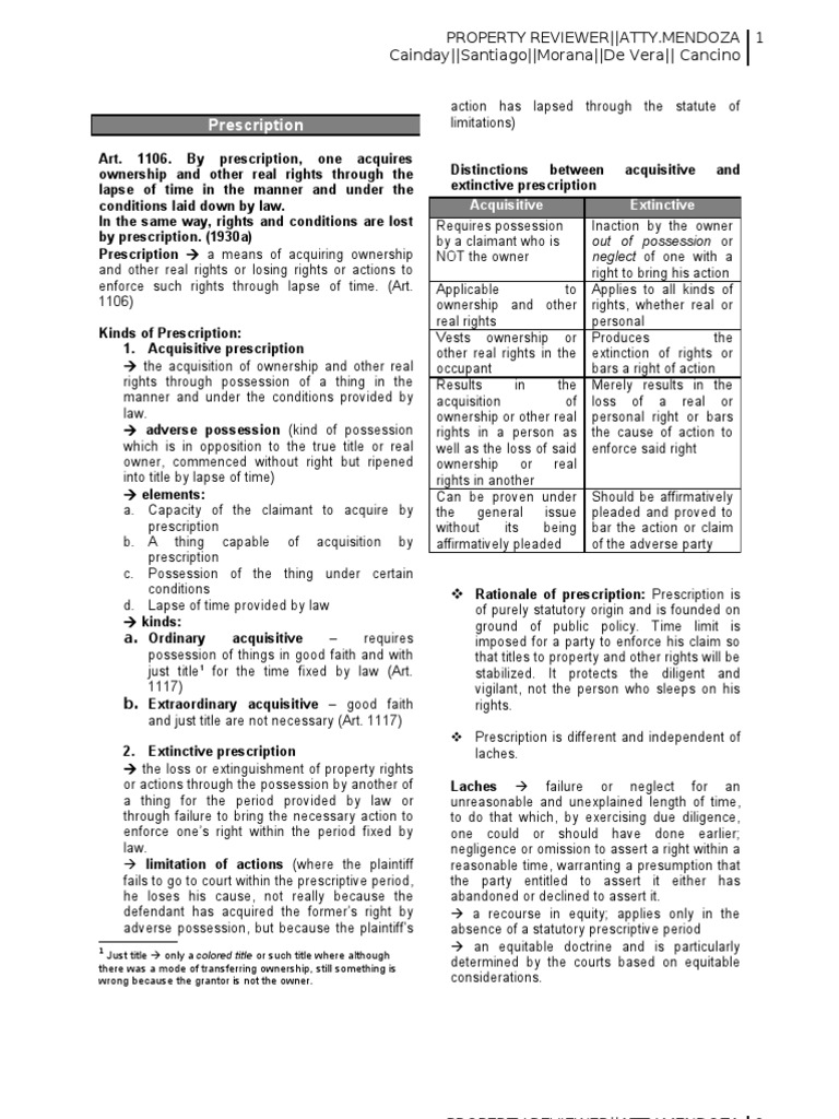 Prescription PROPERTY PDF Laches (Equity) Statute Of Limitations