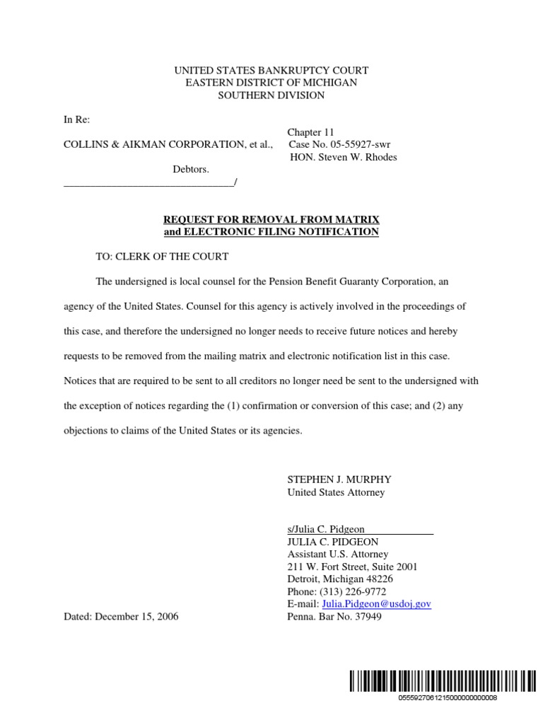Request to Remove from Bankruptcy Matrix | PDF
