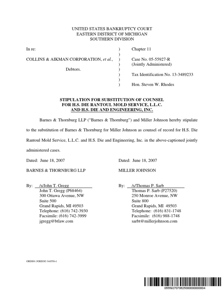 Stipulation For Substitution of Counsel For H.S. Die Rantoul Mold ...