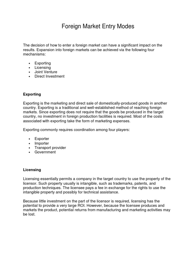 Foreign Market Entry Modes Explained | PDF | Joint Venture | Exports