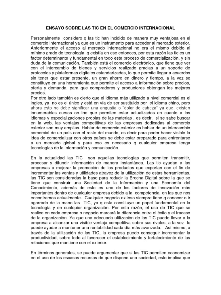 Ensayo Sobre Las Tic en El Comercio Internacional