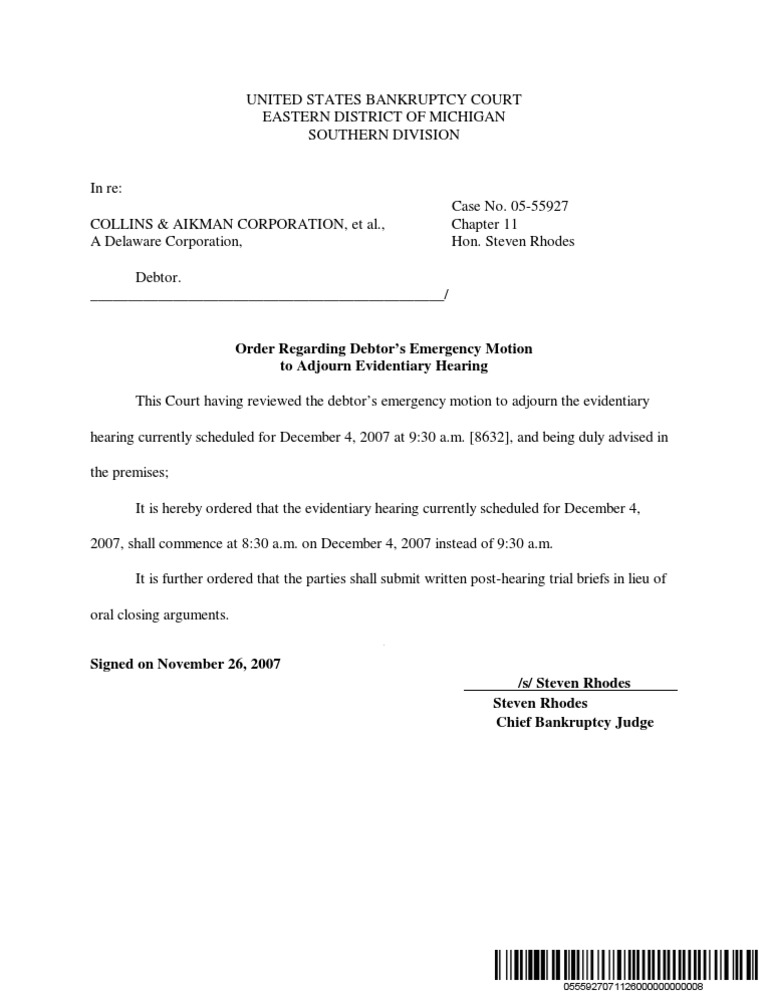 Order Regarding Debtor's Emergency Motion To Adjourn Evidentiary Hearing PDF