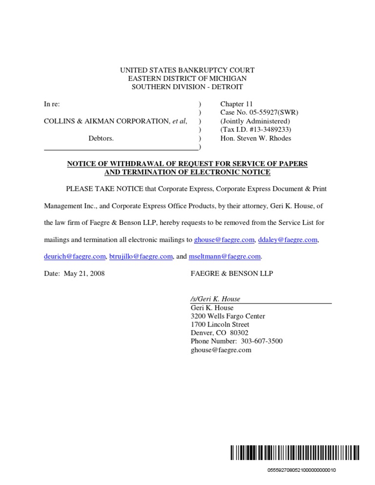 Notice of Withdrawal of Request For Service of Papers and Termination ...