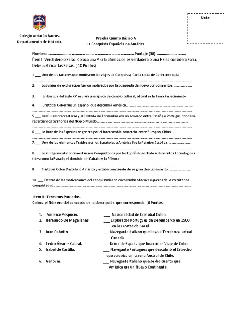 Prueba Quinto Básico A Descubrimiento de America