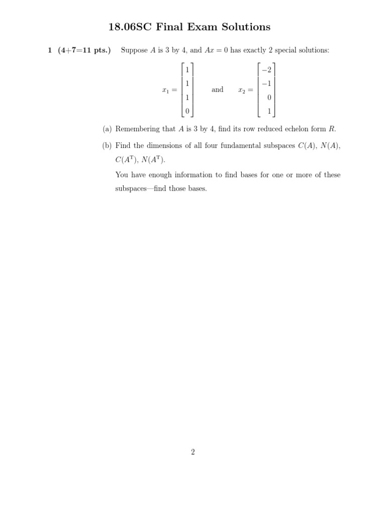 18.06SC Matrix Exam Solutions | PDF