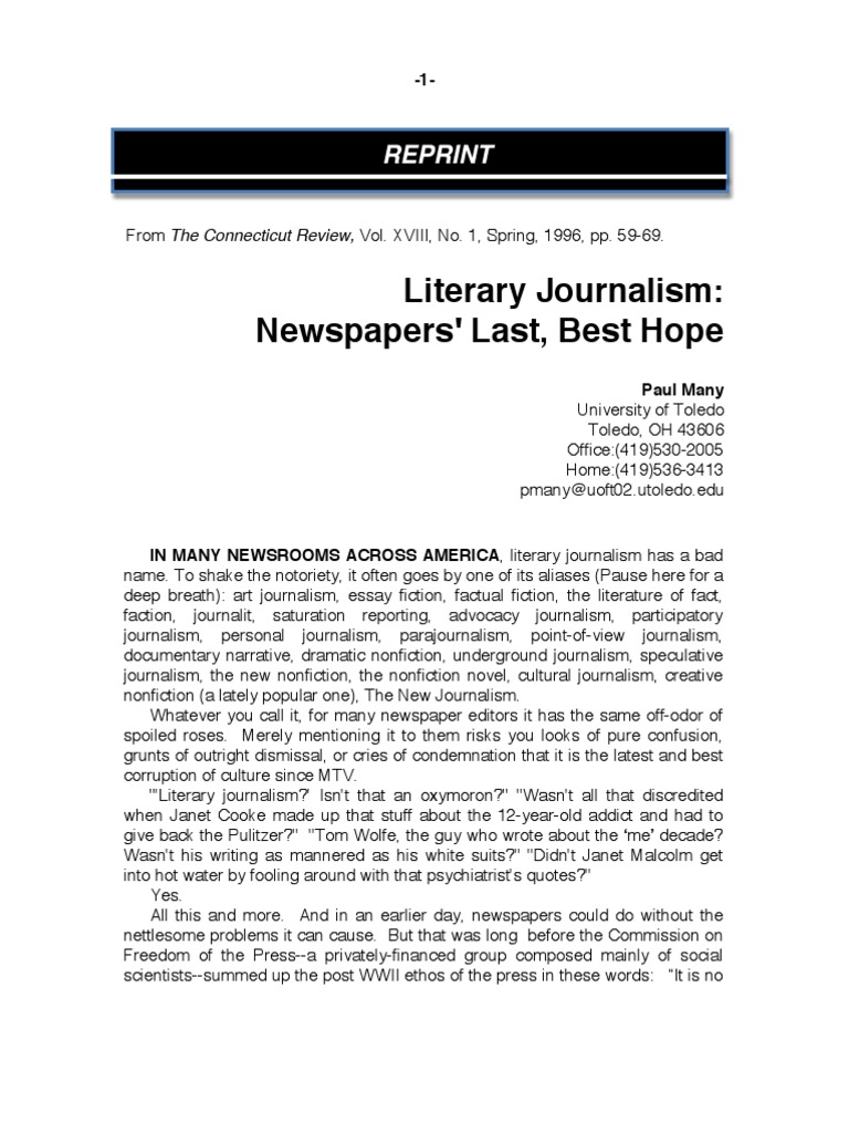 Literary Journalism Newspapers' Last, Best Hope  Creative Nonfiction