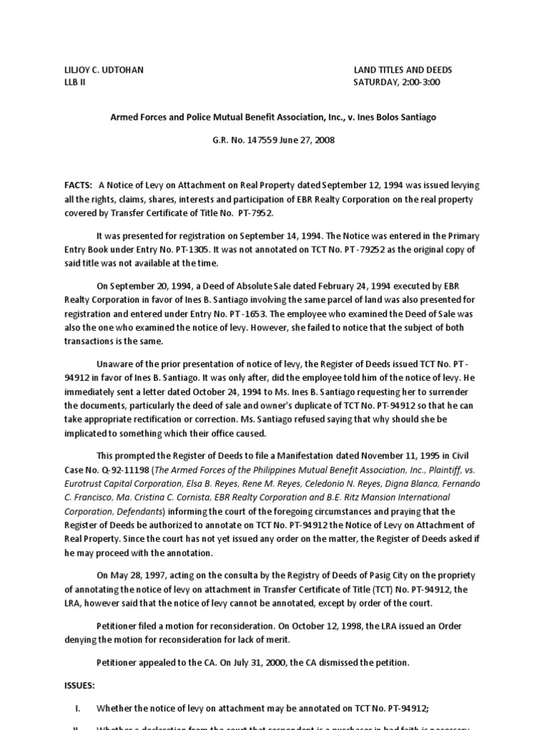 Armed Forces and Police Mutual Benefit Association, Inc. vs. Santiago Deed Real Property