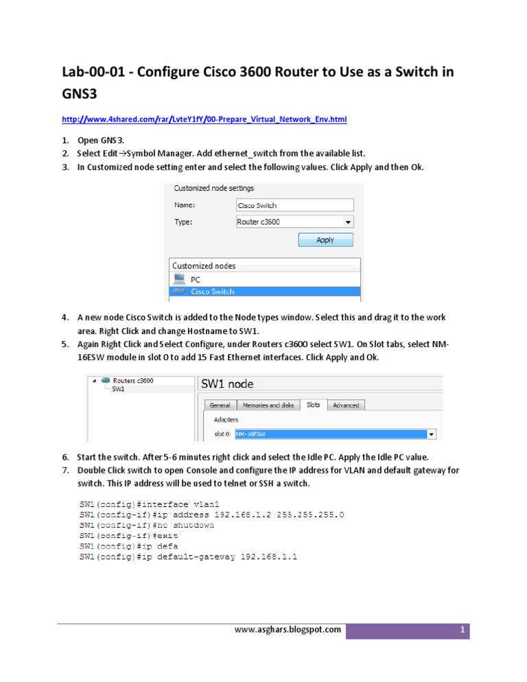 Lab-00-01 - Configure Cisco 3600 Router To Use As A Switch in GNS3 | PDF