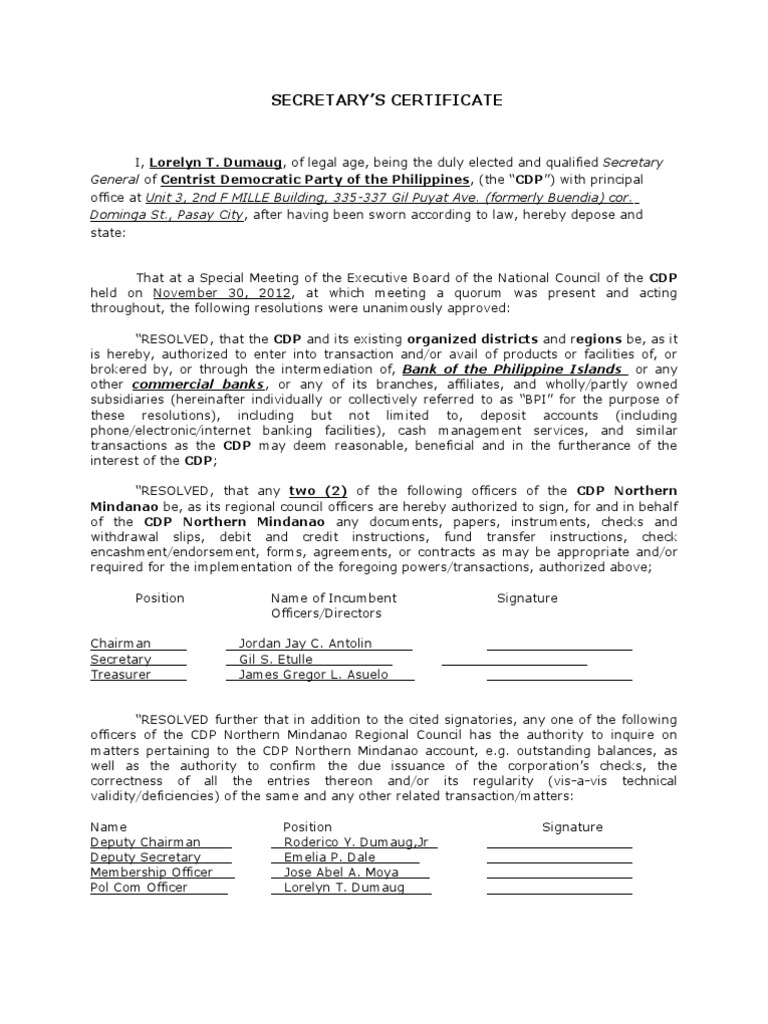 secretary's sample certificate Secretary's With Resolution Corporate Board Certificate or secretary's sample certificate Secretary's With Resolution Corporate Board Certificate or