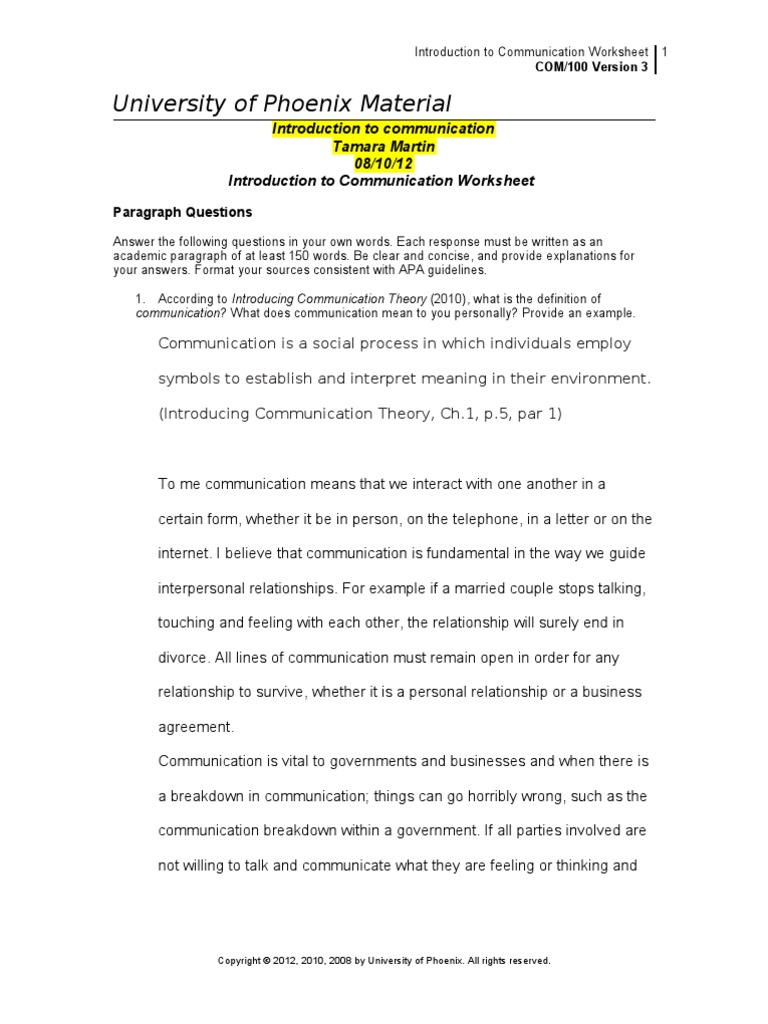Com100 r3 Introduction To Communication Worksheet | PDF | Interpersonal ...