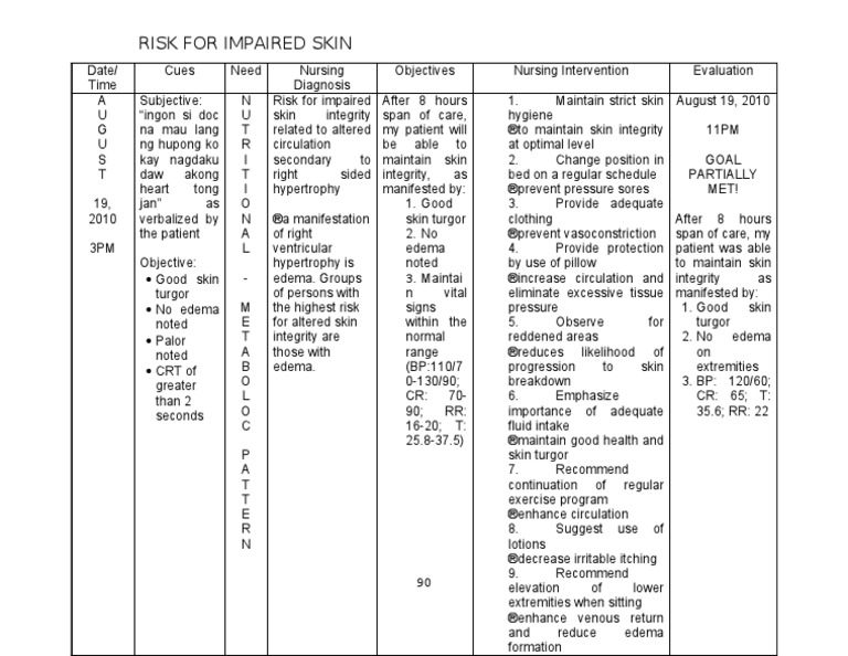 Risk for Impaired Skin Integrity NCP | PDF