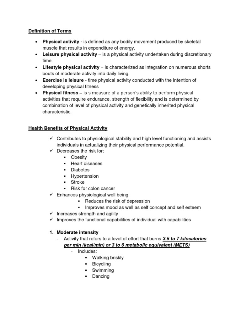 Definition of Terms Per Min (Kcal/min) or 3 To 6 Metabolic Equivalent