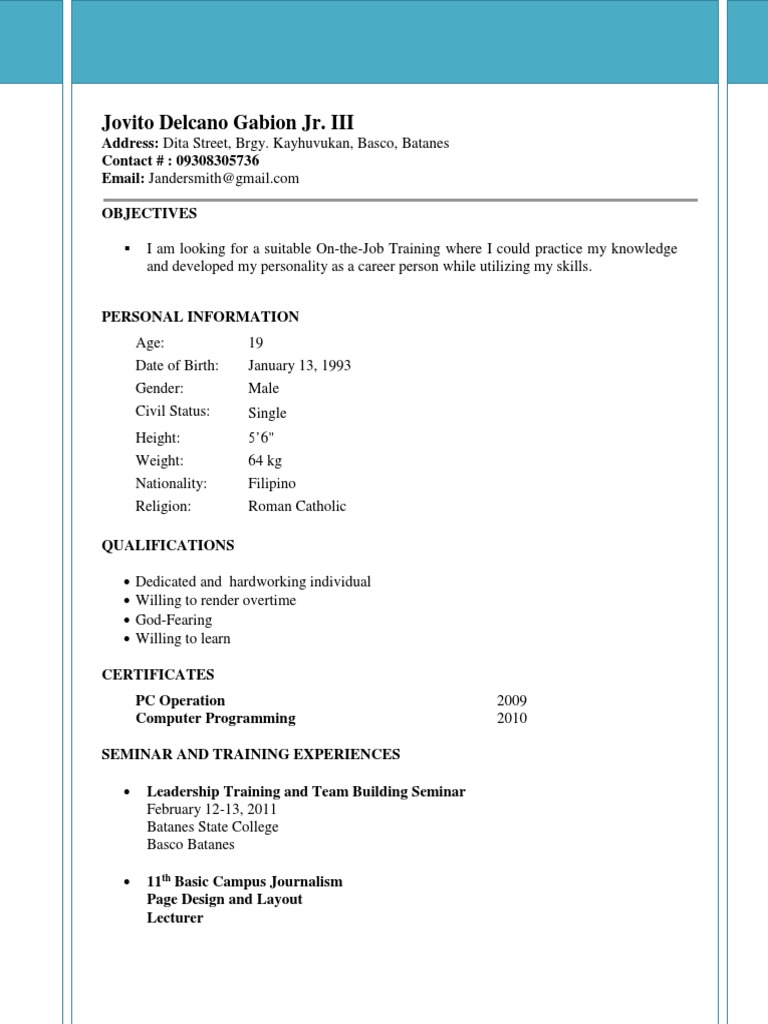 Sample Resume for OJT Student (Information Technology)