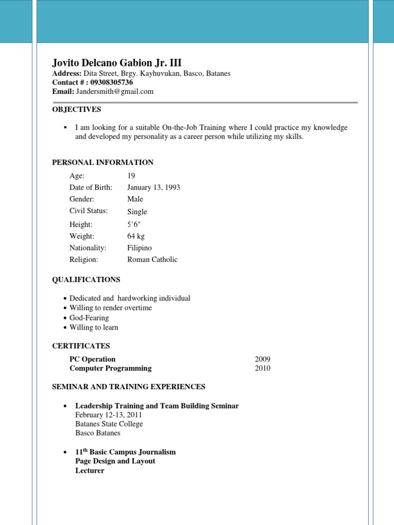 resume template for ojt free download