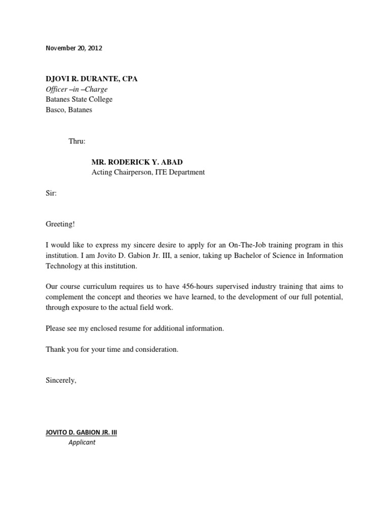 application letter ojt hrm students