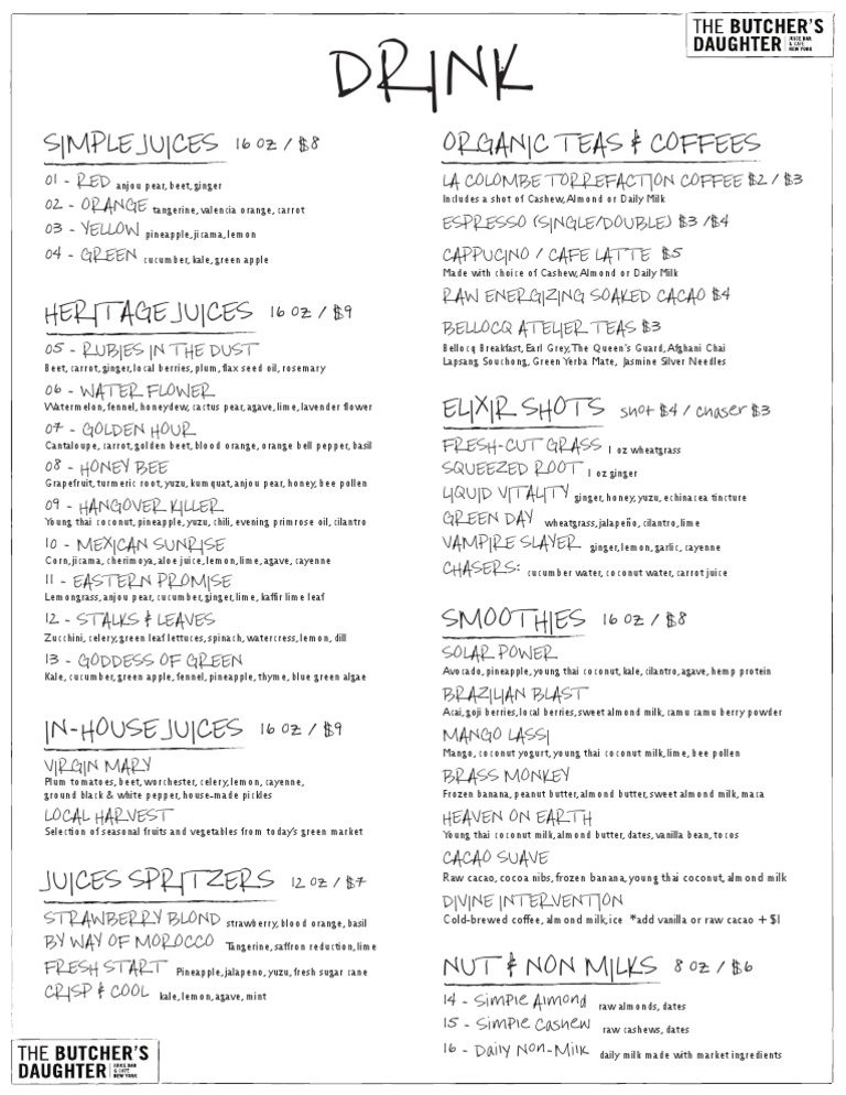 The Butcher's Daughter Drink Menu