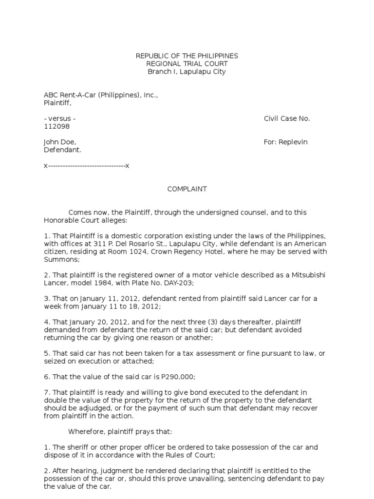 Replevin Complaint for Car Recovery | PDF | Law