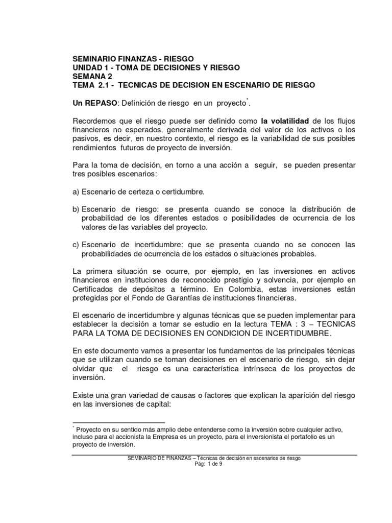 Técnicas de Decisión en Riesgo Financiero | PDF | Análisis de ...