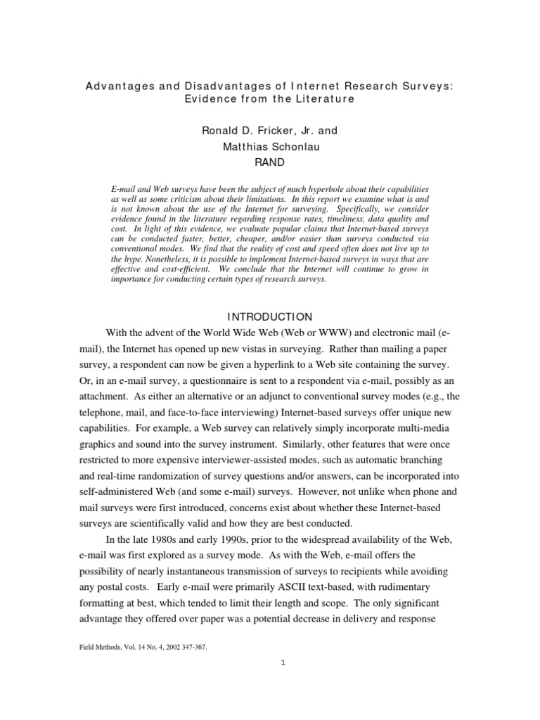Advantages and Disadvantages of Internet Research Surveys: Evidence