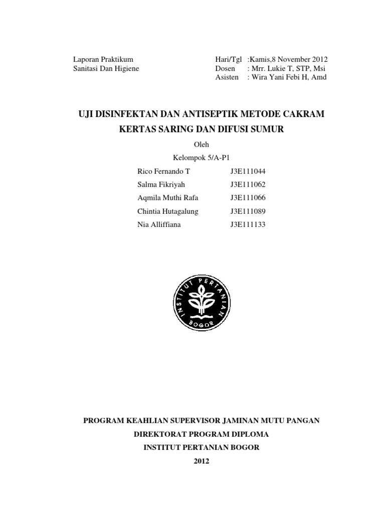 UJI DISINFEKTAN DAN ANTISEPTIK METODE CAKRAM  KERTAS  SARING 