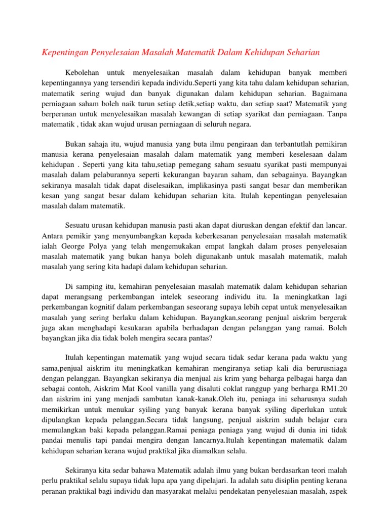 Kepentingan Penyelesaian Masalah Matematik Dalam Kehidupan Seharian Pdf