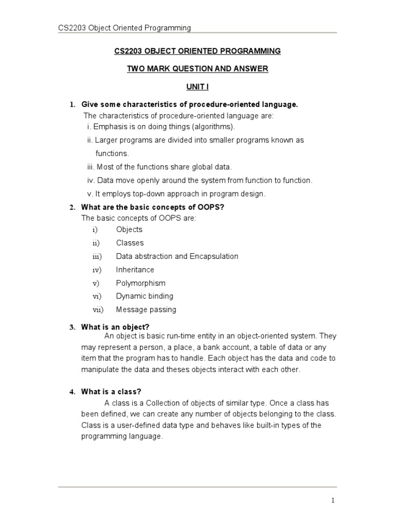 Cs2203 Object Oriented Programming Two Mark Question and Answer Unit I ...