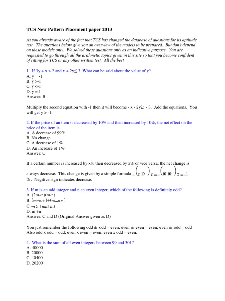 TCS 2013 Placement Paper Questions | PDF | Summation | Equations