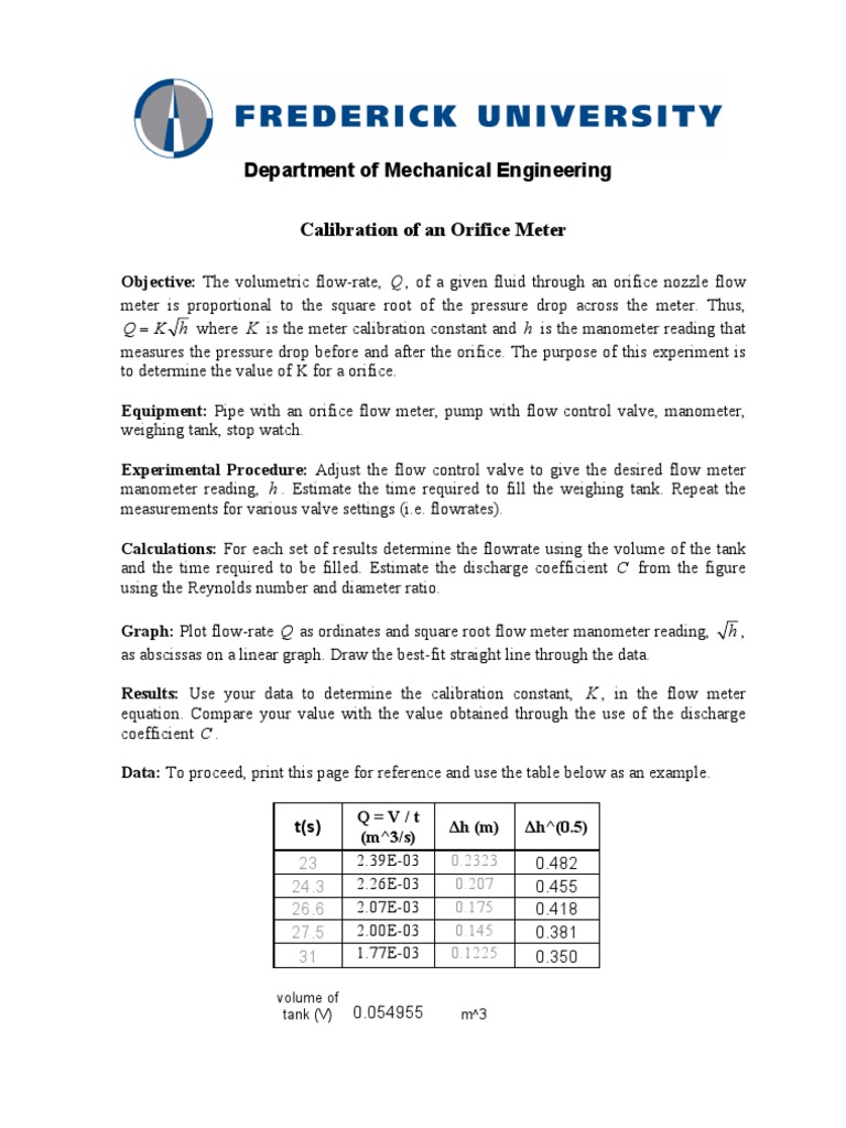 Calibration of Orifice Flow Meter | PDF | Flow Measurement | Pressure ...