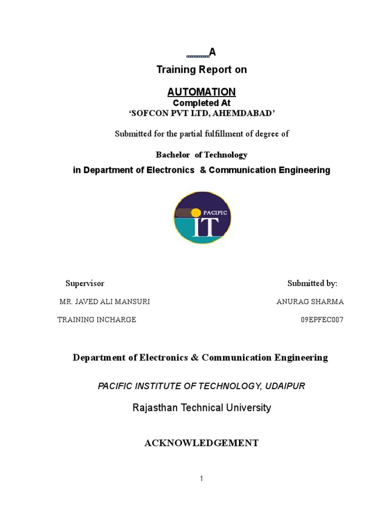 A Training Report On Automation: Completed at Sofcon PVT LTD, Ahemdabad ...