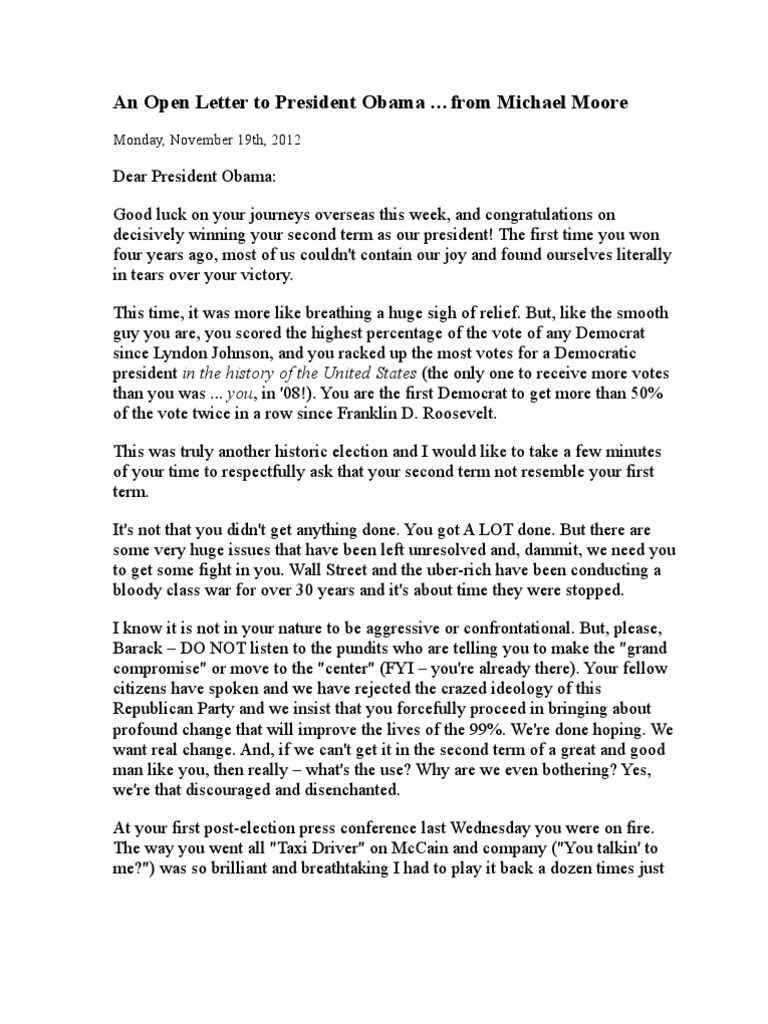 An Open Letter to President Obama …from Michael Moore United States Fiscal Cliff Social