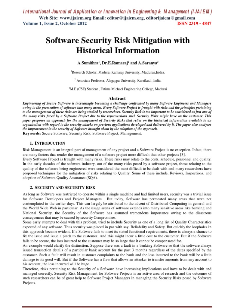 Software Security Risk Mitigation With Historical Information | PDF ...