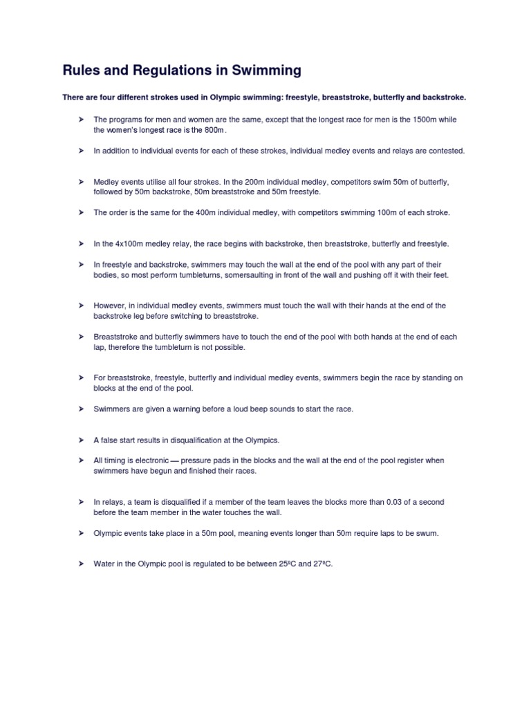 Rules and Regulations in Swimming Swimming (Sport) Bathing