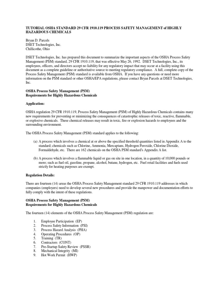 OSHA (PSM) Standard, 29 CFR 1910.119_PSM of Highly Hazardous Chemicals