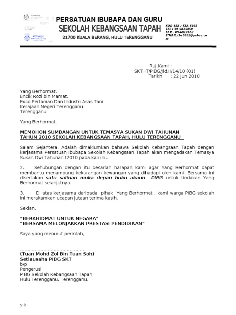 Contoh Surat Peruntukan Kewangan Majlis Makan Malam