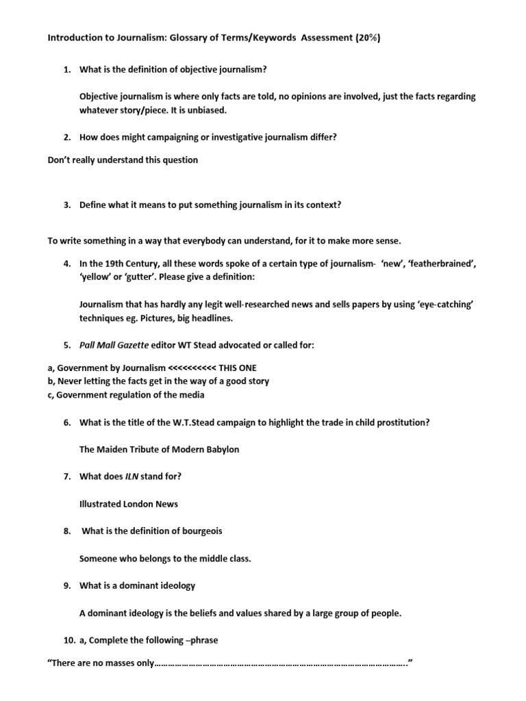 Introduction To Journalism Glossary of Terms/Keywords Assessment (20) PDF Suffrage