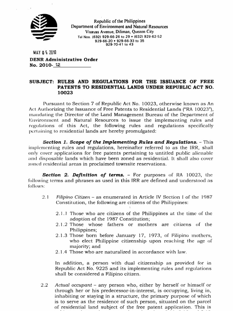 Residential Free Patent Act RA10023 Irr Patent Application Citizenship