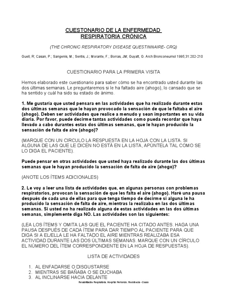 Cuestionario sobre Enfermedad Respiratoria CRQ | PDF | Cuestionario ...