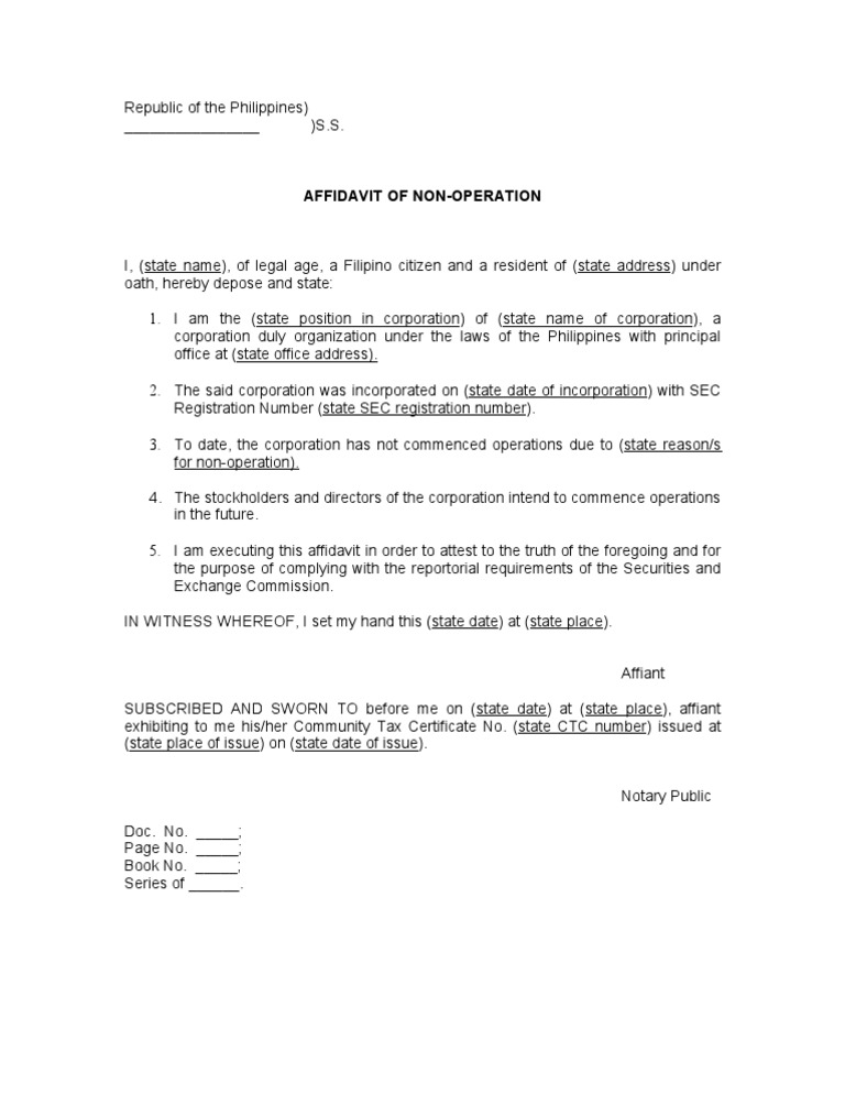 Affidavit of Non-Operation Template | PDF