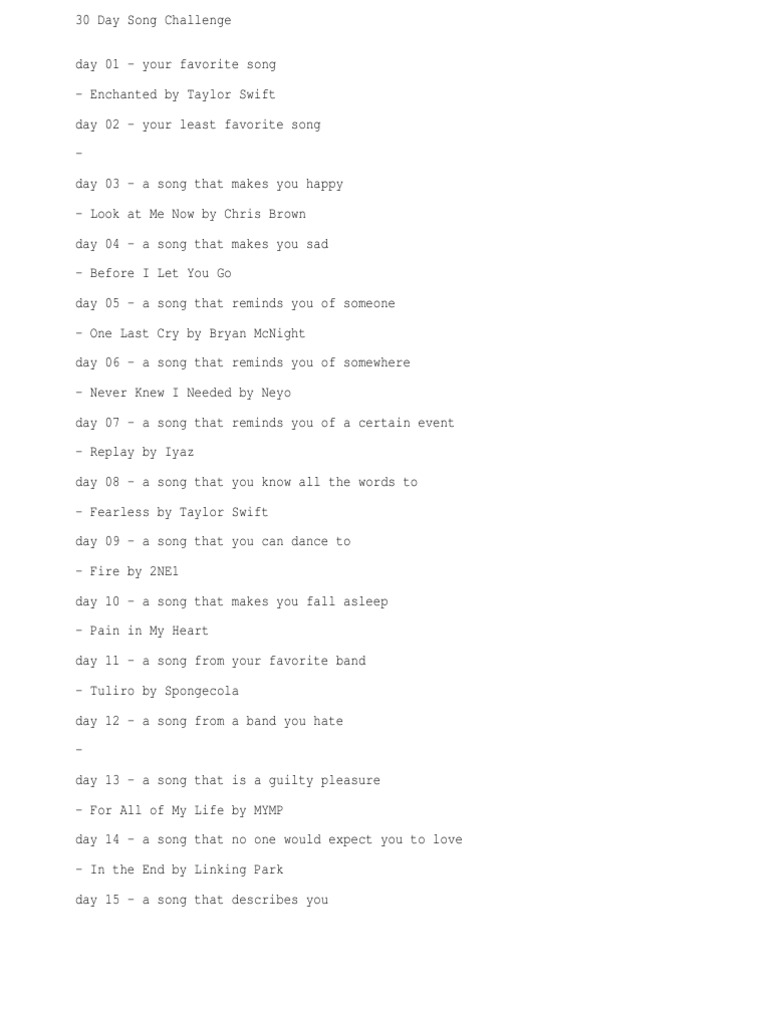 30 Day Song Challenge | Pdf | Taylor Swift | Recorded Music