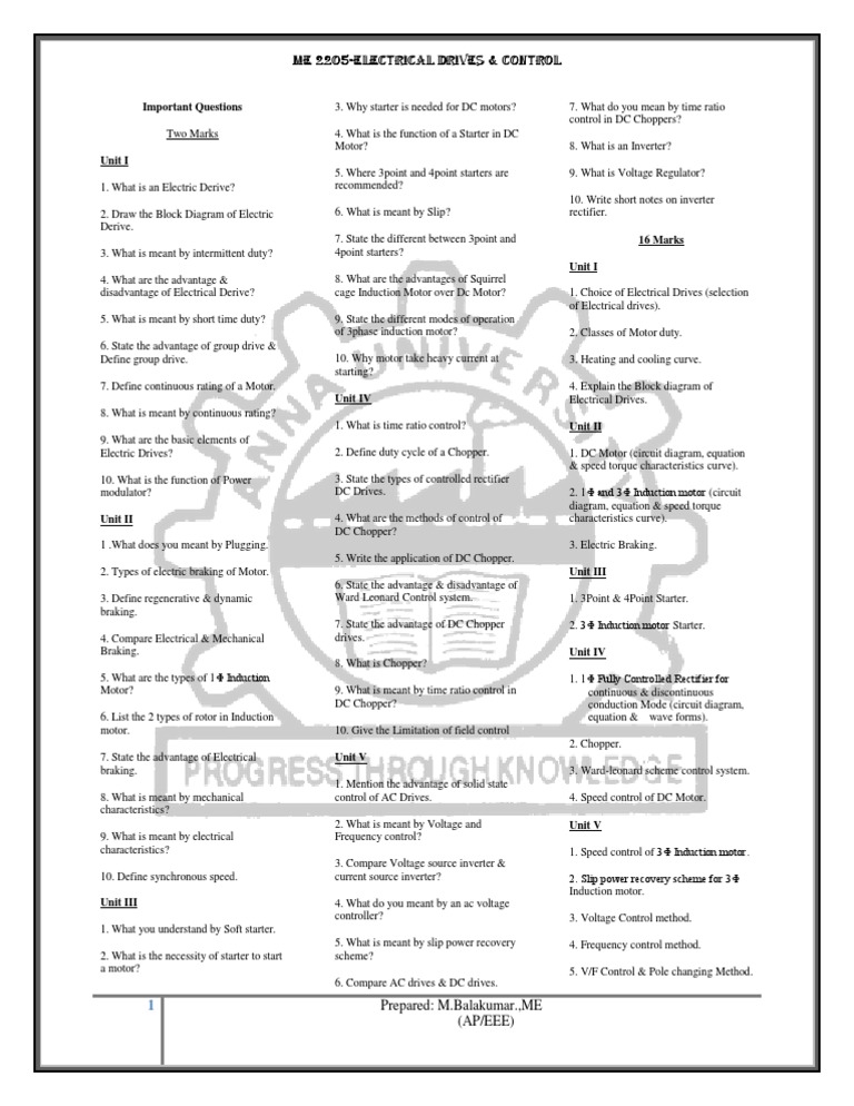 Electrical Drives and Control Important Questions PDF Electric