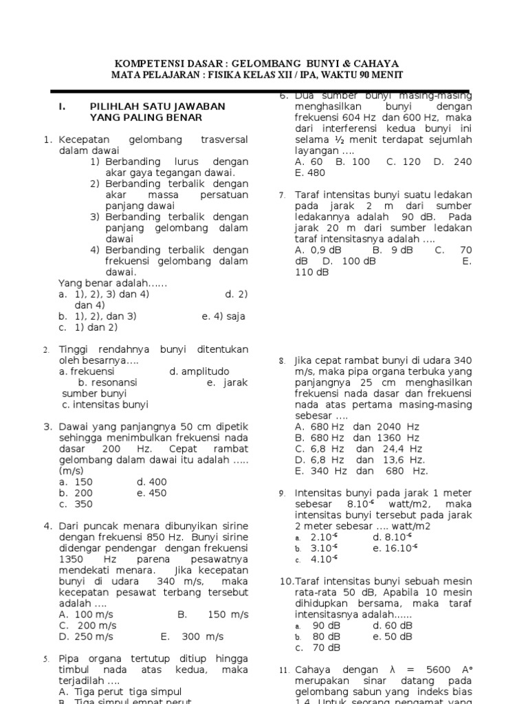 Soal Geombang Cahaya Dan Gelombang Bunyi Soal Geombang Cahaya Dan Gelombang Bunyi
