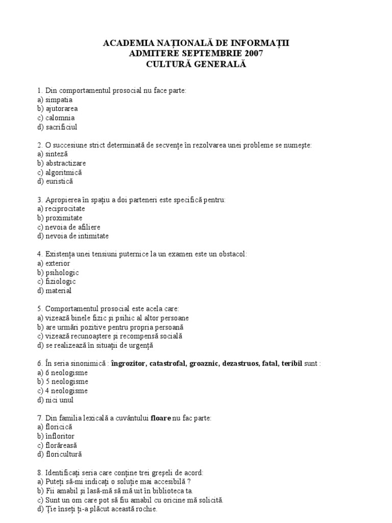 Academia Nationala De Informatii Subiect Admitere Master